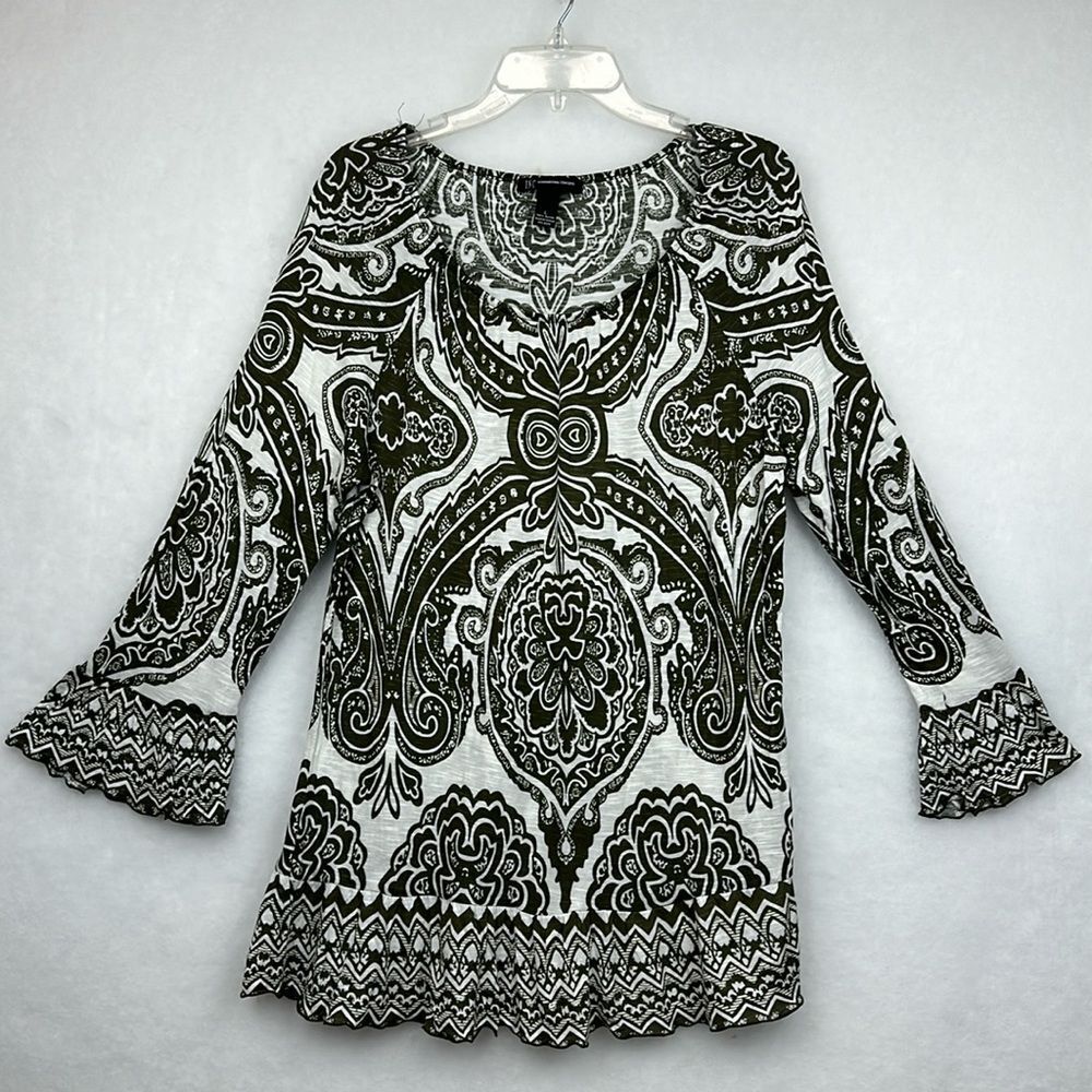 INC Top Womens Dark Green White Geometric Peasant Flowy Ruffle Size Large